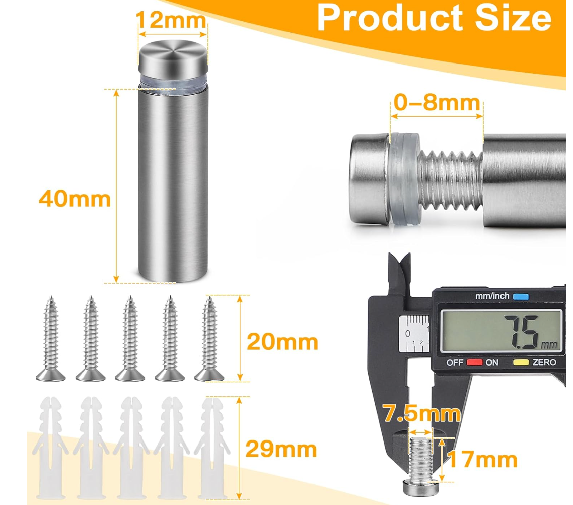 Light Gray Viti Distanziatrici 4 pezzi x Viti Distanziatori Vetro 12 x 40mm, Distanziali per Viti in Acciaio Inox, Distanziali per Targhe Plexiglass, Standoff Screws per Pubblicitario, Cartelloni, Specchi Screenshot2025-03-28alle16.14.36.png