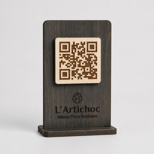 QR Code in legno mogano personalizzato, segnatavolo inciso laser per menu digitale ristorante bar hotel