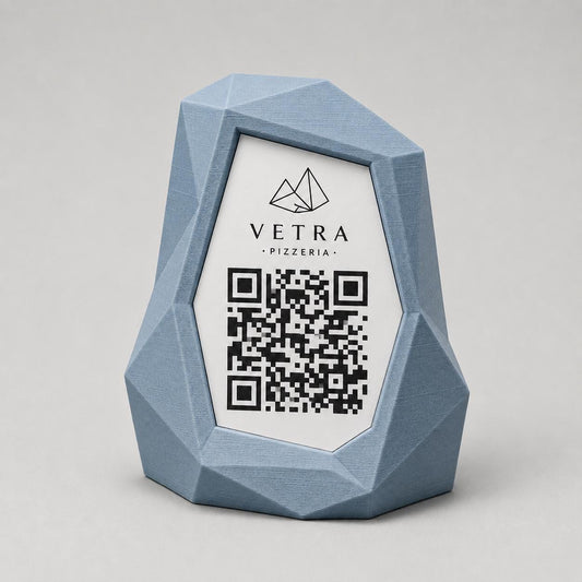 Portamenu QR Code Design Low-Poly | Supporto da Tavolo giallo Stampa 3D e Targhetta Incisa | Segnatavolo Personalizzato Hotel Pizzeria
