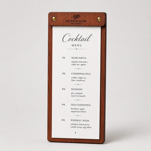 Portamenu tavoletta cocktails ebano in legno bacchetta stretta formato A4 Personalizzato | Menu Ristorante personalizzato| Copertina