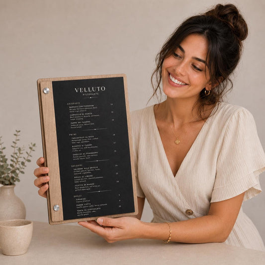 Portamenu orizzontale in legno di pioppo colore ebano con incisione logo ristorante personalizzato, menu inciso laser a bacchetto formato a4