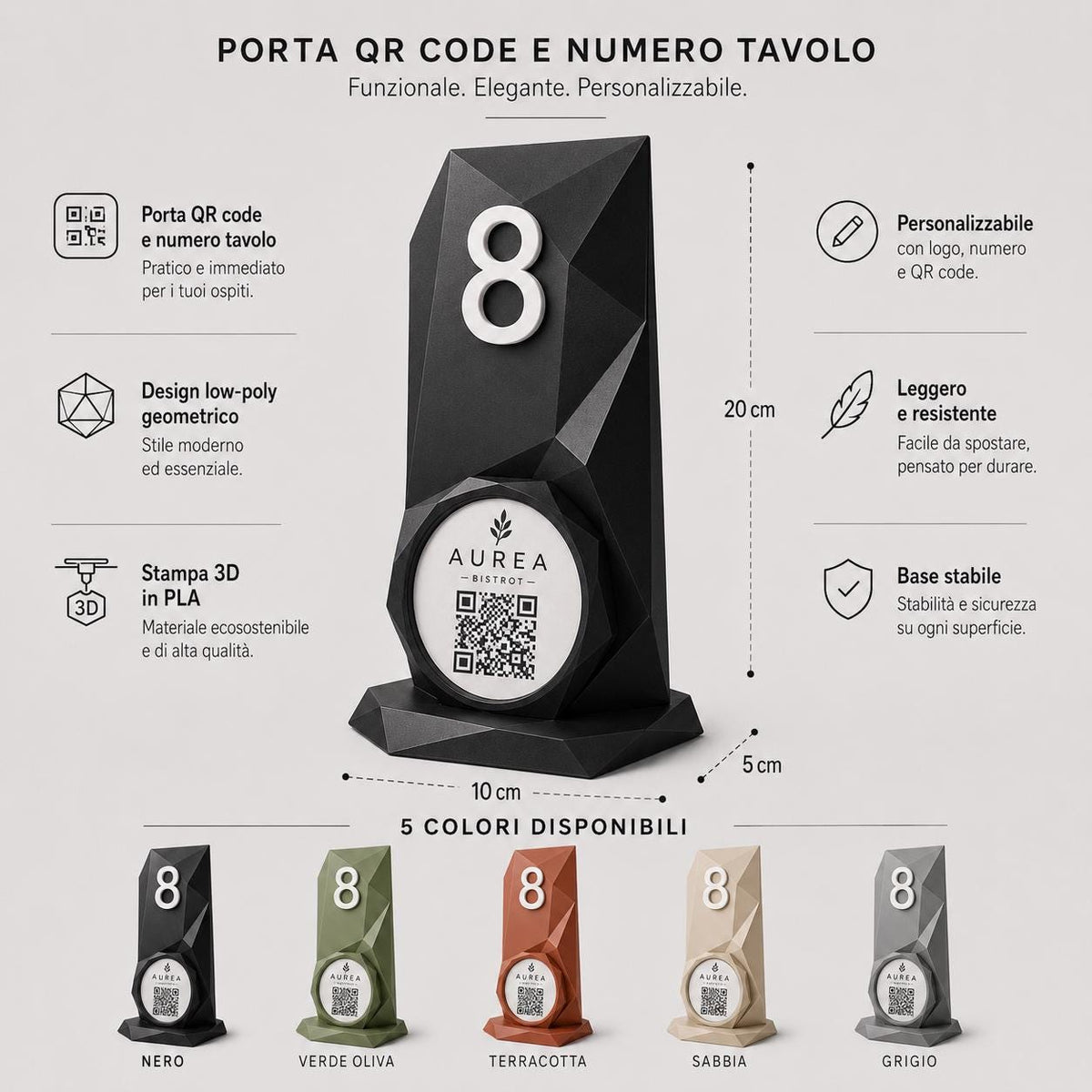Porta QR Code sabbia da Tavolo Personalizzato | Numero Tavolo 3D Low Poly | Supporto Menu Digitale per Ristorante, Bar, Hotel e Cocktail Bar
