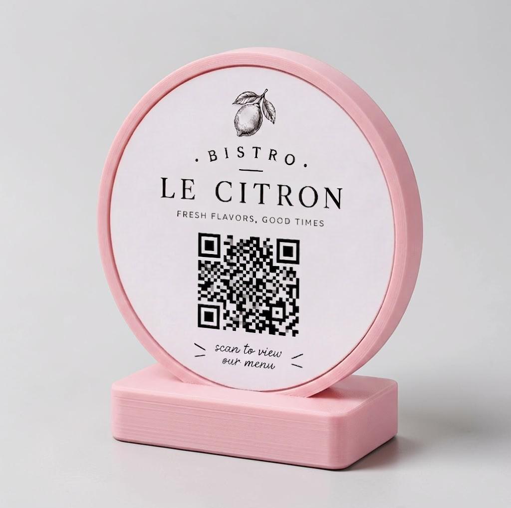 stand tondo QR Code linea POP Bistrò azzurro pastello Personalizzato per Ristorante e Bar Segnatavolo Menu Digitale Display QR 3d