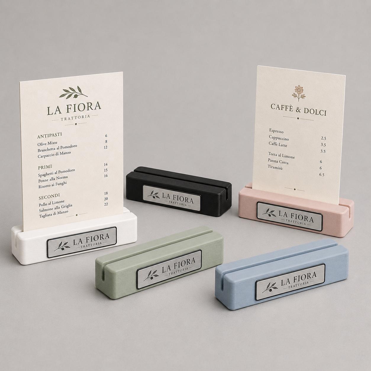 Base in plastica menu fai da te Porta Menu e Segnatavolo Personalizzato in Stampa 3D per menu in cartoncino formato A5