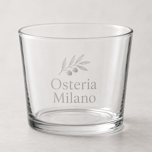 Set 12 Bicchieri Bassi Personalizzati Incisione Logo, Tumbler Mini 22,5 cl per Osteria Ristorante Bar, Bicchieri dVino e Acqua Incisi Laser
