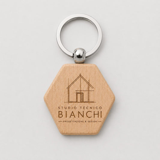 25 Pezzi Portachiavi in Legno Esagonale Personalizzato con Logo, Ciondolo Chiavi per Studio Tecnico Architetto e Geometra, Gadget Aziendale