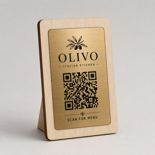 QR Code in legno e abs effetto acciaio personalizzato incisione laser, segnatavolo inciso laser per menu digitale ristorante bar hotel