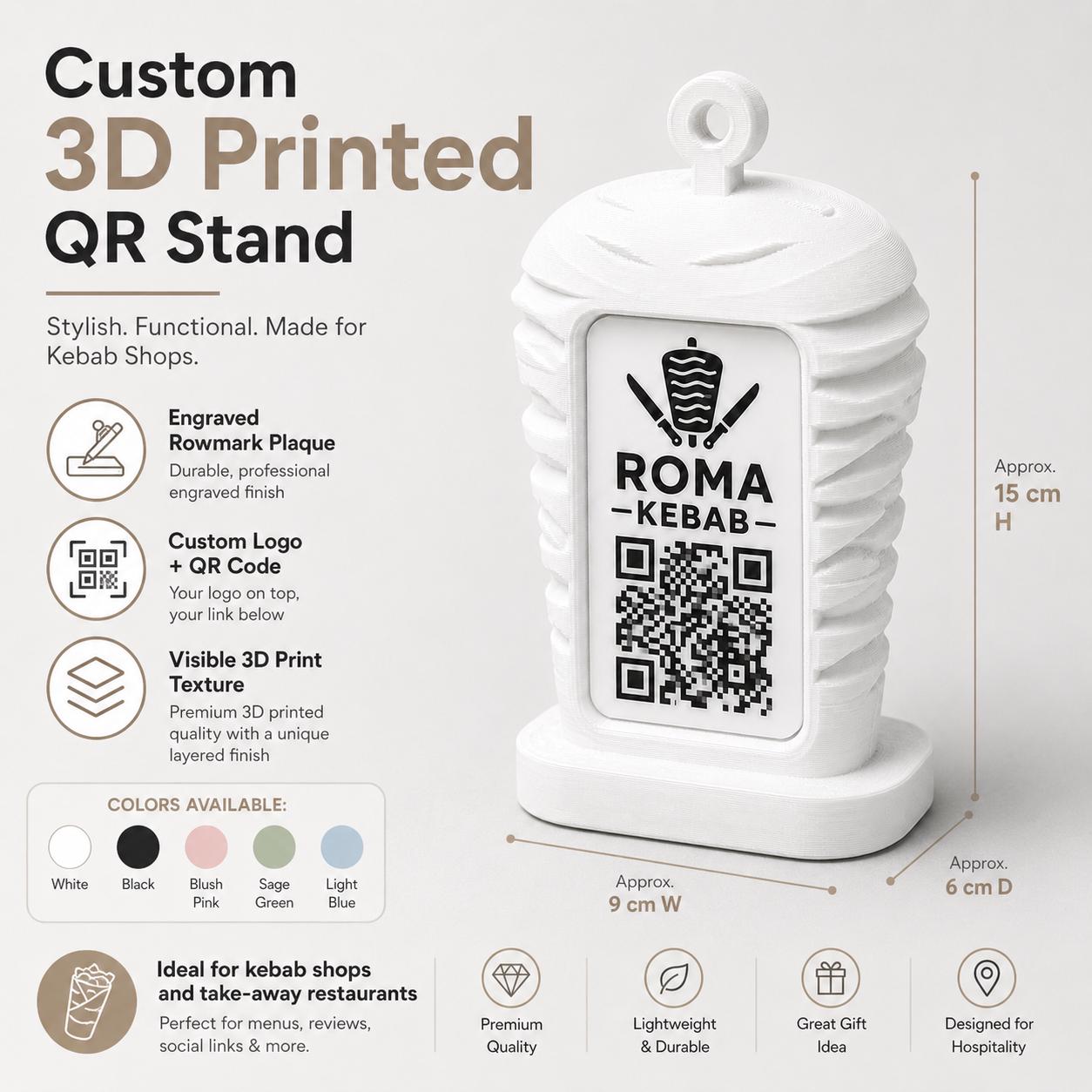 Porta Menu QR Code kebab Personalizzato, Espositore 3D per Tavoli Ristorante e Bar, Segnatavolo con Incisione Logo, Supporto Moderno