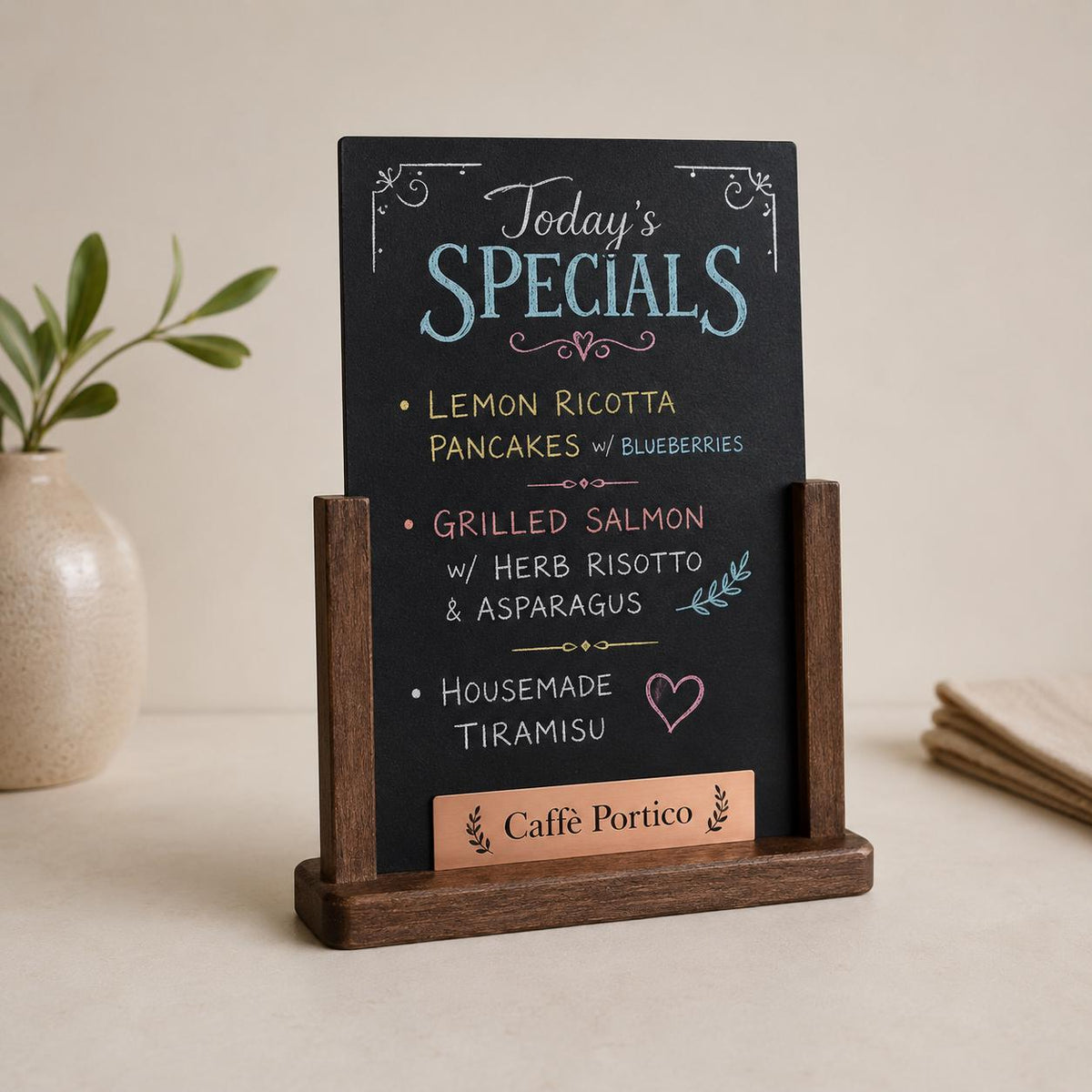 Porta Menu da Tavolo Personalizzato, Espositore 3D Legno Lavagnetta per Ristorante e Bar, Segnatavolo con Incisione Logo Supporto rustico A4