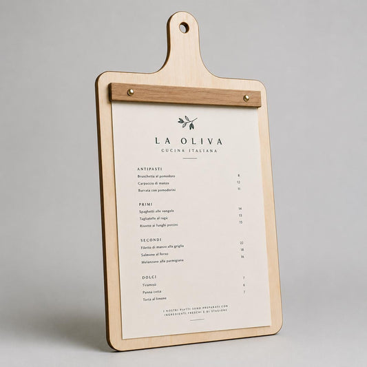 Portamenu A4 e A5 in legno a forma di tagliere personalizzato – vista 2