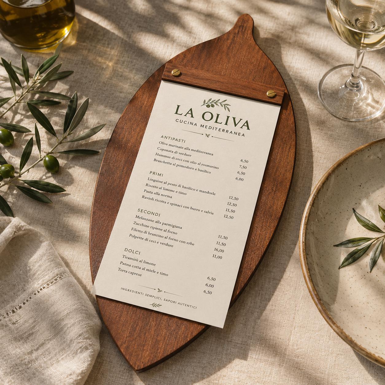 Portamenu in Legno a Forma di foglia di oliva , Tavoletta per Ristorante mediterraneo, Clipboard Personalizzata Incisione Logo