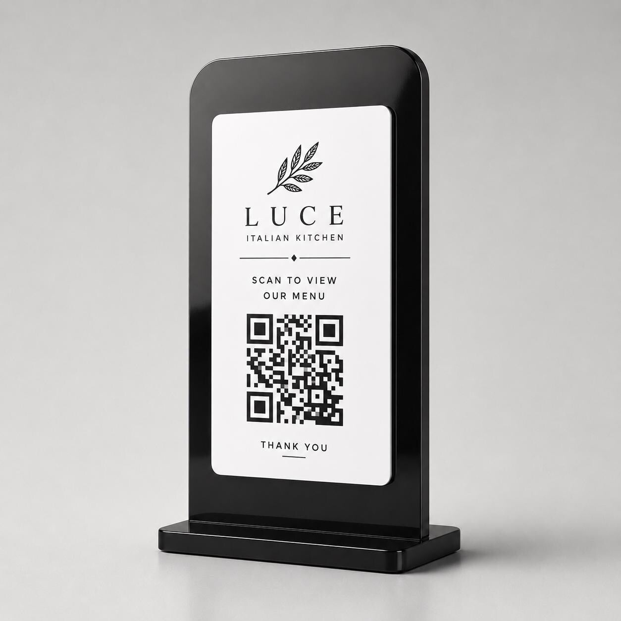 Supporto QR Code da tavolo in plexiglas nero con targhetta acciaio ottone o bianco incisa per ristorante bar hotel