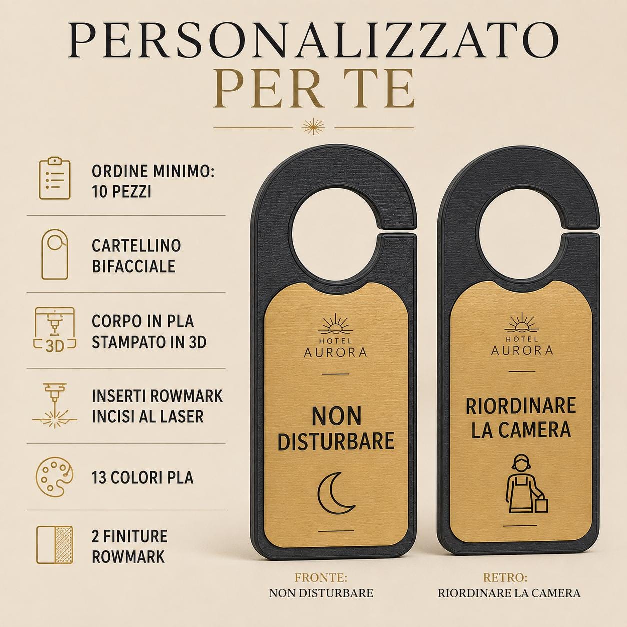 Set da 10 Cartellini Bifacciali per Porta Hotel Personalizzati | Non Disturbare e Riordinare la Camera | PLA e Rowmark
