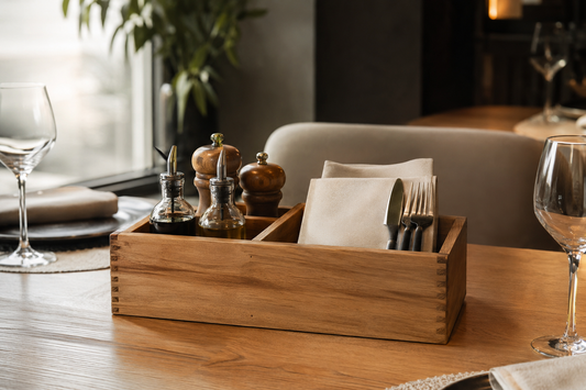 Cassetta portacondimenti in legno organizzata su un tavolo di ristorante