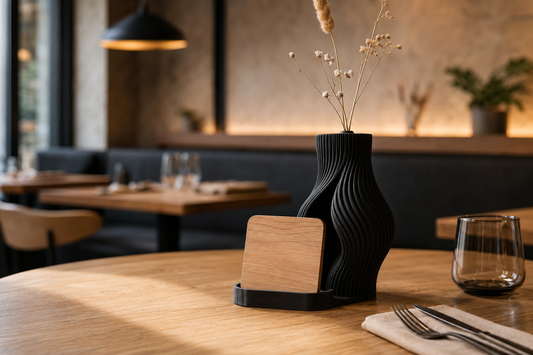 Centrotavola nero con vasetto e supporto in legno su un tavolo di ristorante
