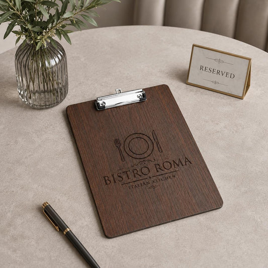Set di portamenu clipboard A4 in legno con clip metallica e personalizzazione incisa