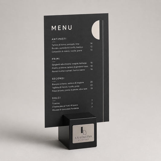 Portacarte da tavolo in acrilico con inserto per menu e comunicazioni del locale