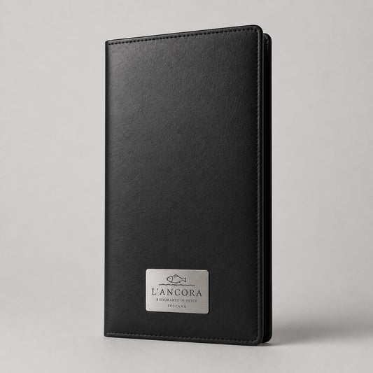 Set portaconto in similpelle nera personalizzato con targhetta incisa