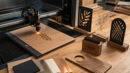 Incisione laser di un portamenu in legno in laboratorio artigianale