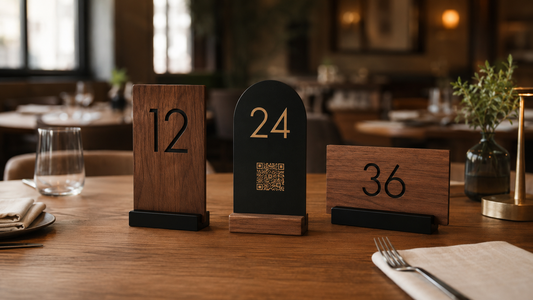 Numeri tavolo personalizzati in legno e nero su un tavolo di ristorante