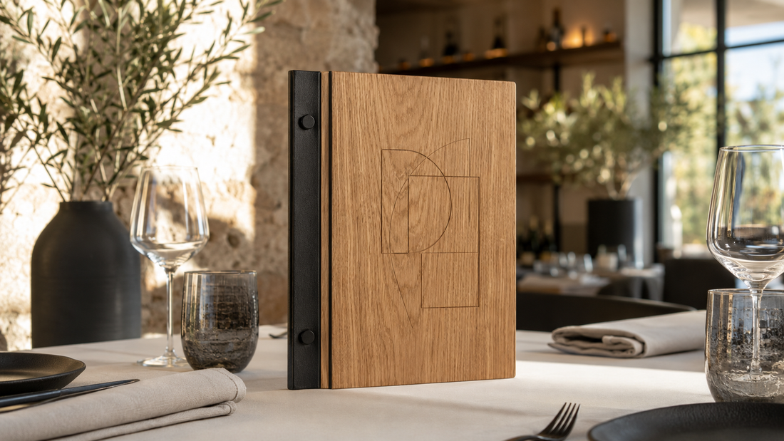 Portamenu personalizzato in legno su tavolo di ristorante elegante