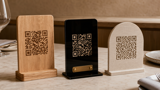 Confronto tra supporti QR code da tavolo in legno, plexiglas e stampa 3D