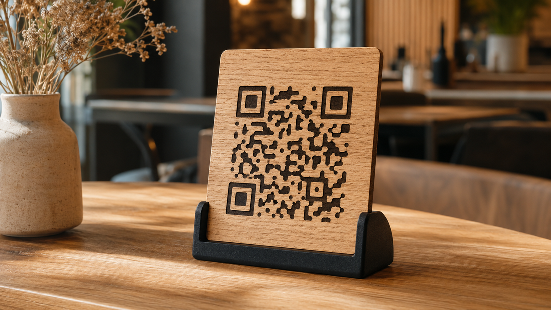 Segnatavolo in legno con QR code e base nera per menu digitale