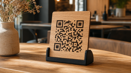 Segnatavolo in legno con QR code e base nera per menu digitale