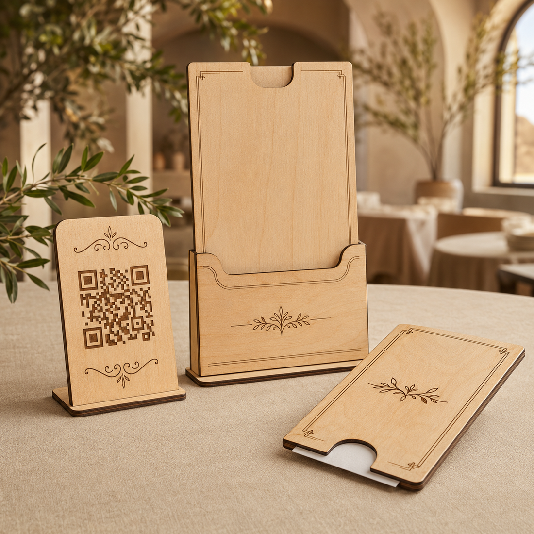 Set coordinati personalizzati per ristorante con portamenu, QR Code e portaconto