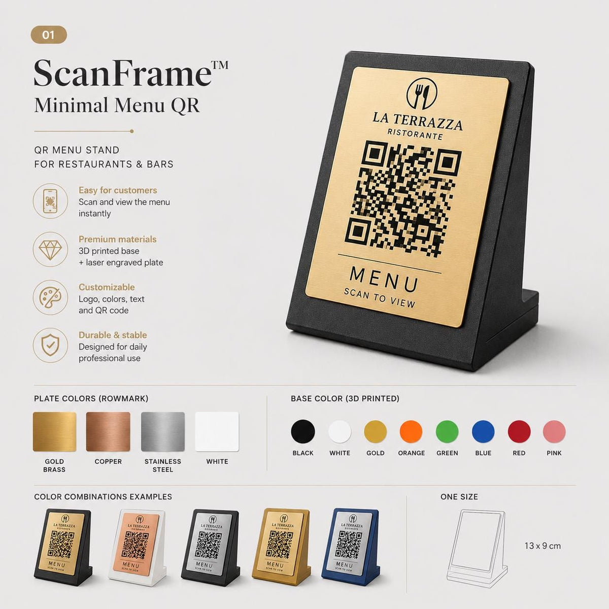 Qr code Nero acciaio elegante Personalizzato ScanFrame Stand in Metallo Inciso per Ristorante e Bar Segnatavolo Menu Digitale Display QR 3d