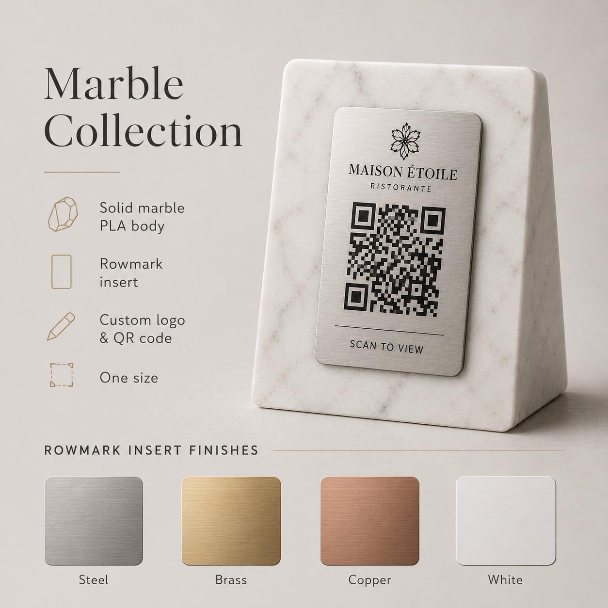 QR Code in pla effetto marmo e ottone Personalizzato | Segnaposto Ristorante Elegante | Menu Digitale Menu Cavaliere qr