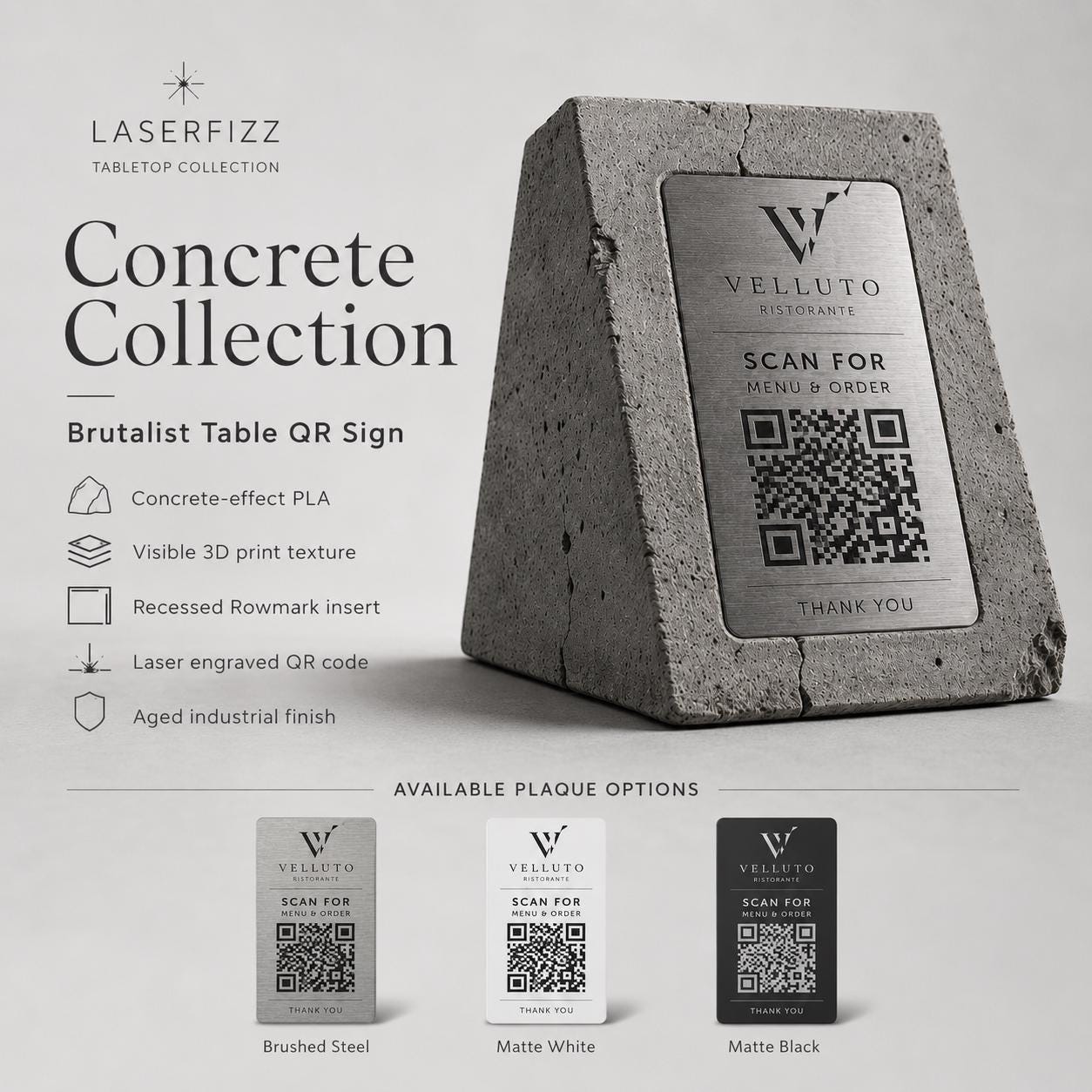 QR Code in pla effetto cemento e nero total black brutalist Personalizzato | Segnaposto Ristorante Elegante | Menu Digitale Menu Cavaliere
