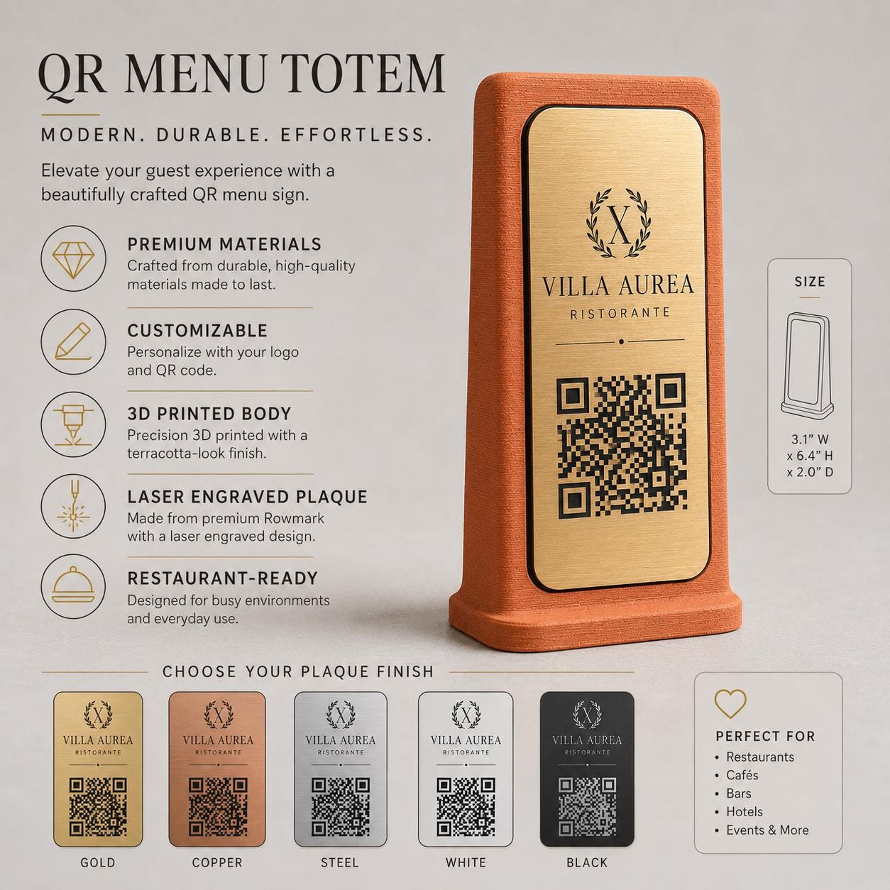 Supporto QR Code Menu Ristorante in PLA Terracotta | Totem da Tavolo Personalizzato con Logo e Targhetta Incisa Laser | WiFi, Menu, Review