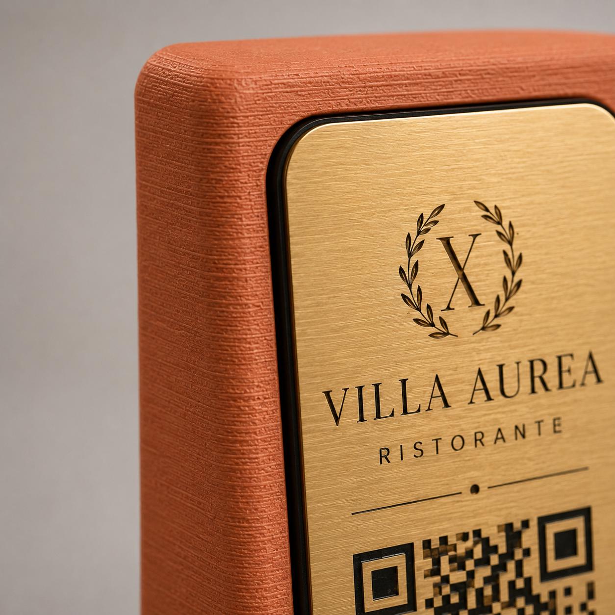 Supporto QR Code Menu Ristorante in PLA Terracotta | Totem da Tavolo Personalizzato con Logo e Targhetta Incisa Laser | WiFi, Menu, Review