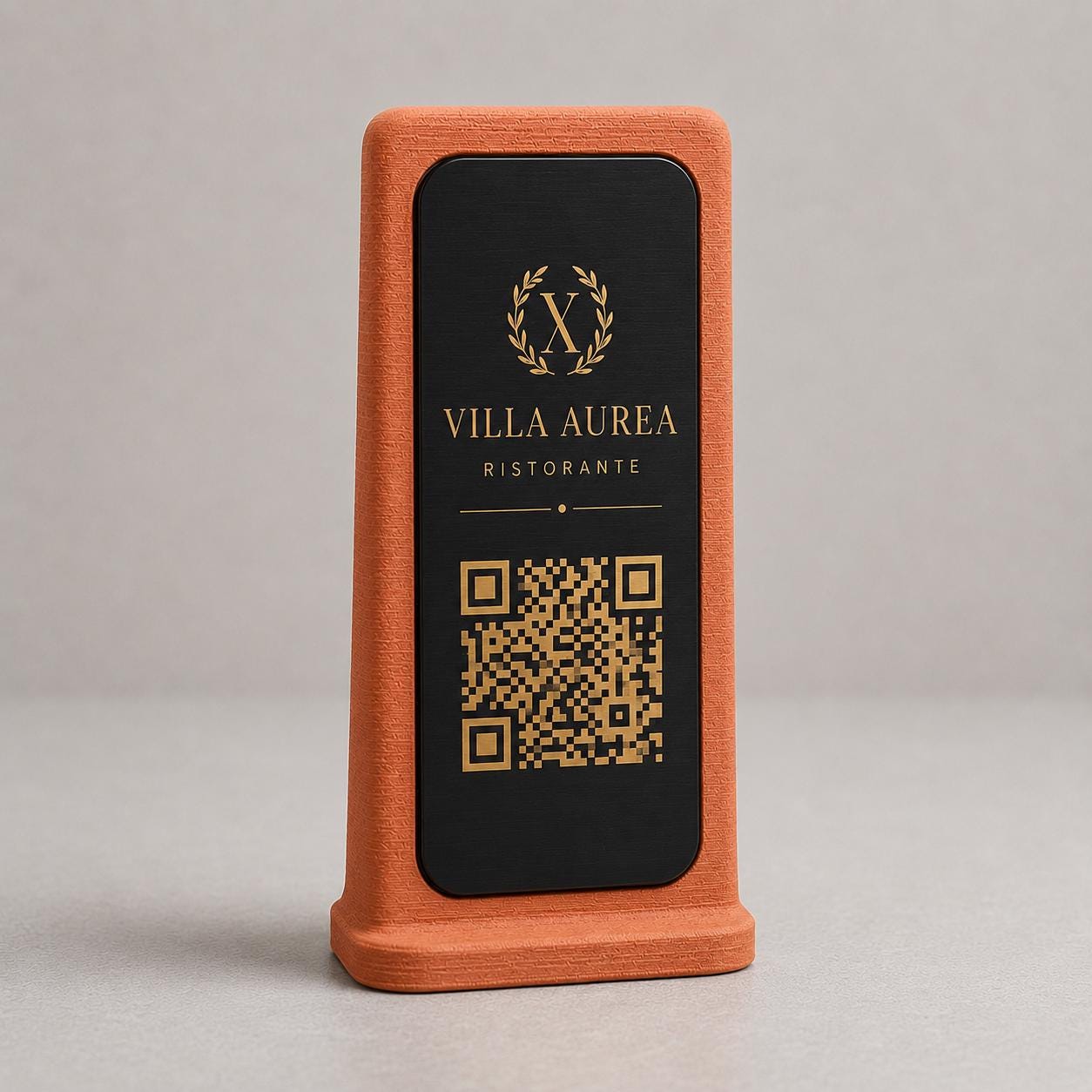 Supporto QR Code Menu Ristorante in PLA Terracotta | Totem da Tavolo Personalizzato con Logo e Targhetta Incisa Laser | WiFi, Menu, Review