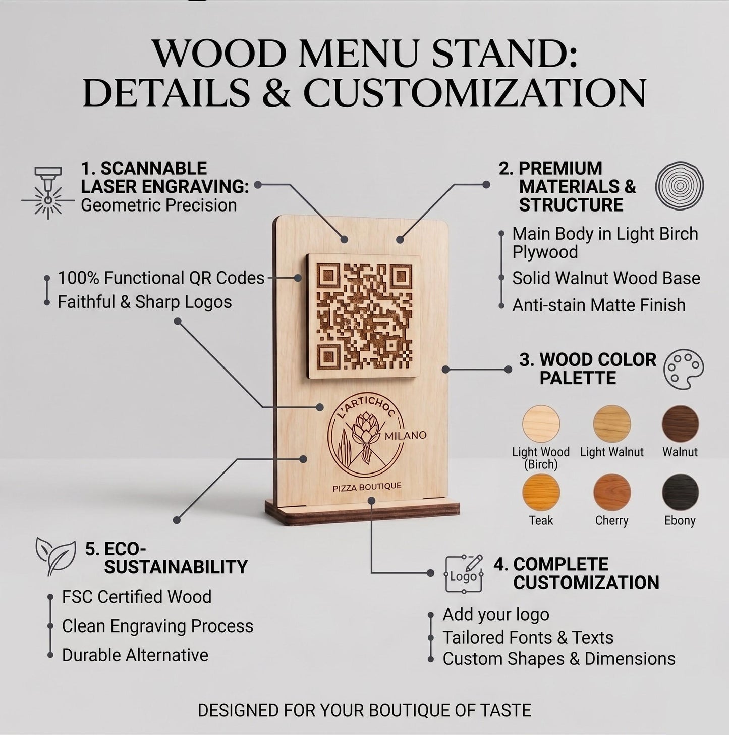 QR Code in legno mogano personalizzato, segnatavolo inciso laser per menu digitale ristorante bar hotel