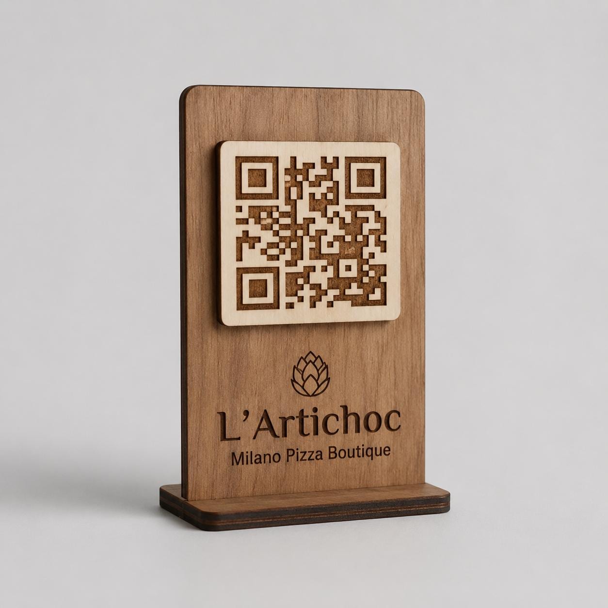 QR Code in legno mogano personalizzato, segnatavolo inciso laser per menu digitale ristorante bar hotel