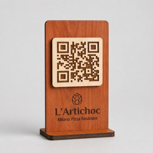QR Code in legno mogano personalizzato, segnatavolo inciso laser per menu digitale ristorante bar hotel