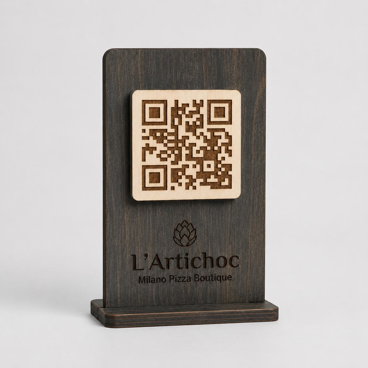QR Code in legno mogano personalizzato, segnatavolo inciso laser per menu digitale ristorante bar hotel