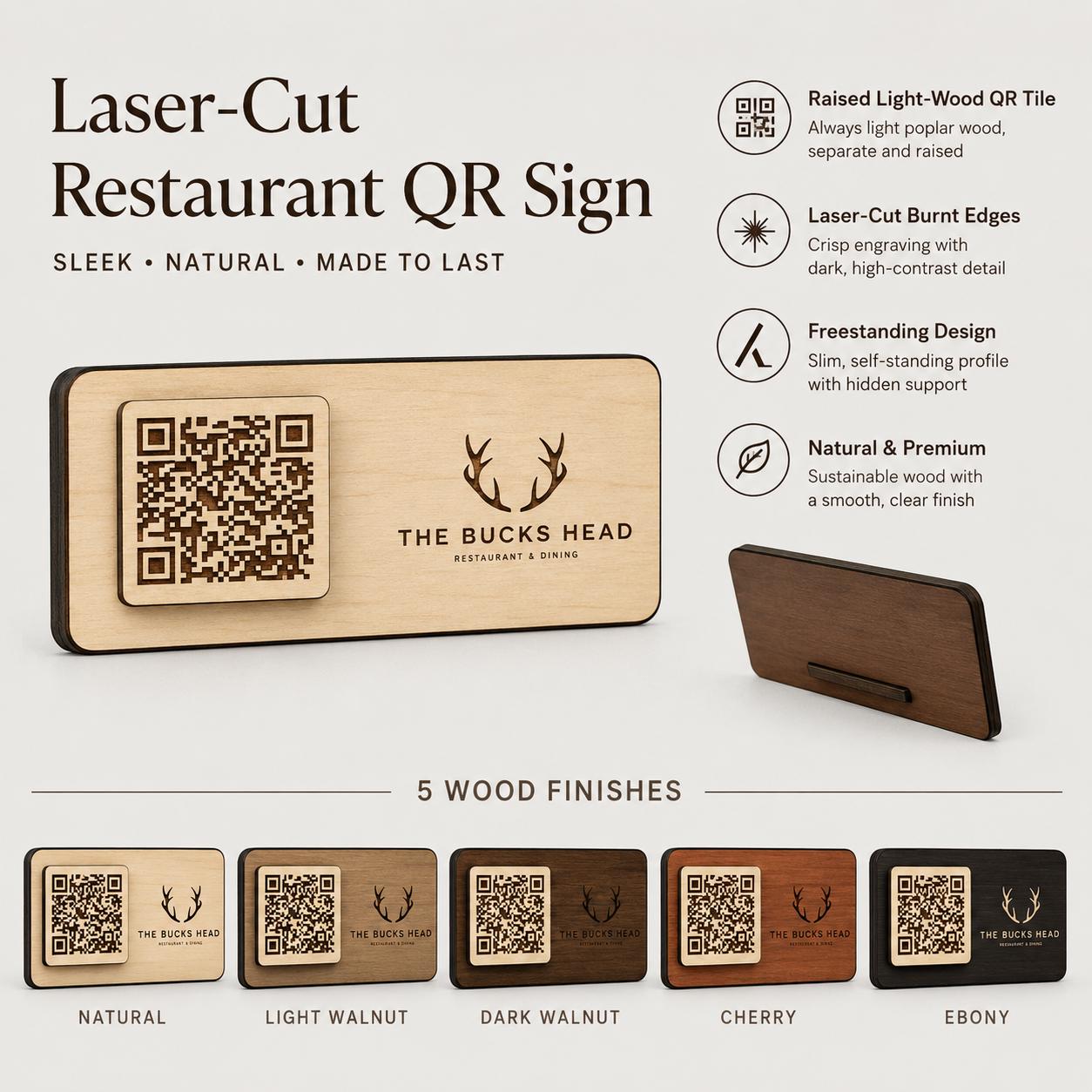 Targhetta QR Code in legno color ebano personalizzato con logo, segnatavolo inciso laser per menu digitale ristorante bar hotel
