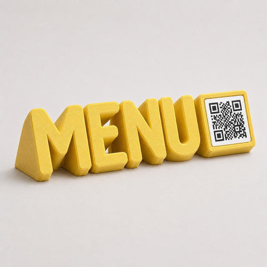 Scritta menu 3d qr code Linea TYPOGRAFY giallo Personalizzato per Ristorante e Bar Segnatavolo Menu Digitale Display QR 3d