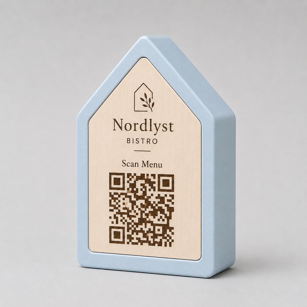 Qr code Linea stile NORDIC scandinavo minimal giallo Espositore Menu QR Code in Stampa 3D e Lastra in legno di pioppo Incisa al Laser