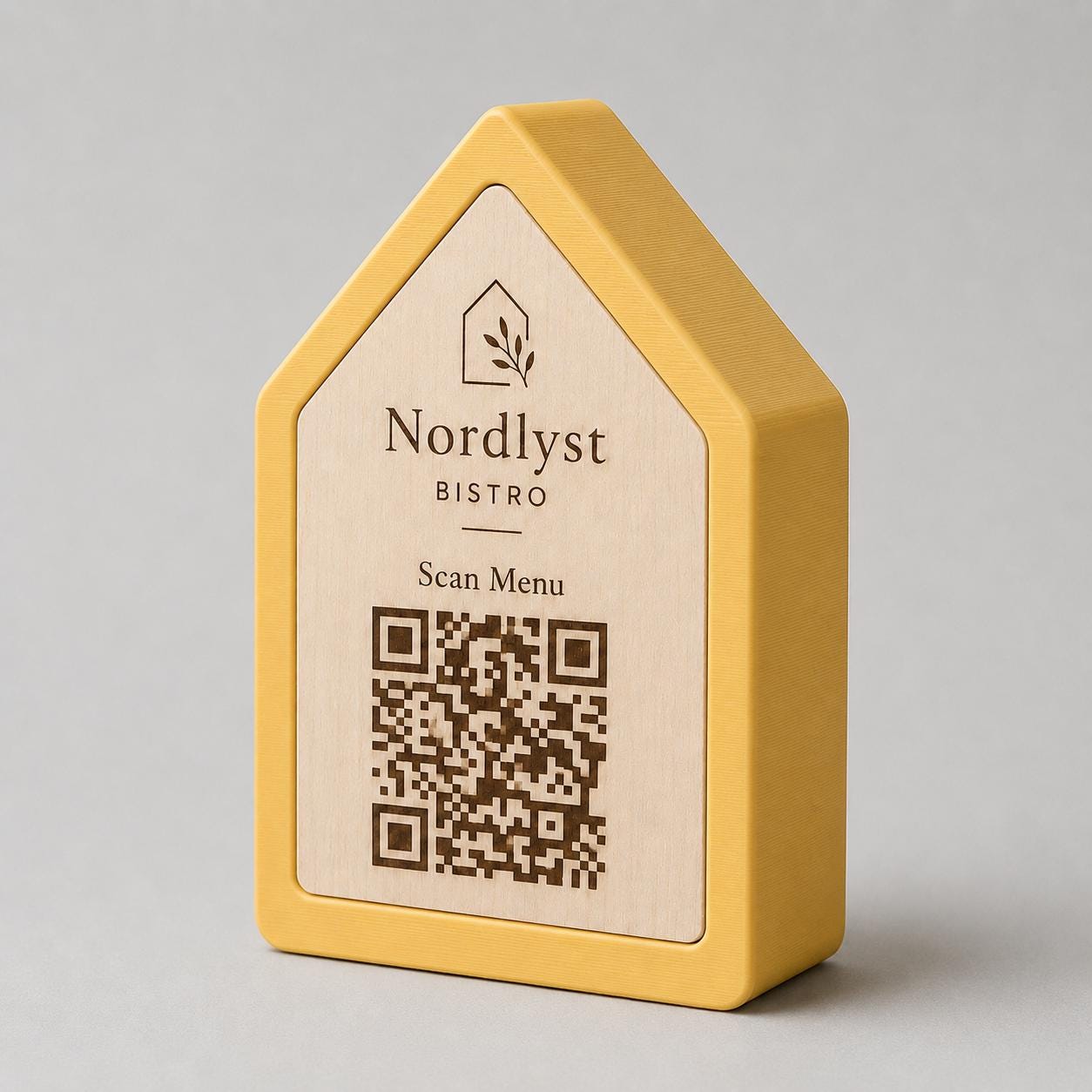 Qr code Linea stile NORDIC scandinavo minimal giallo Espositore Menu QR Code in Stampa 3D e Lastra in legno di pioppo Incisa al Laser