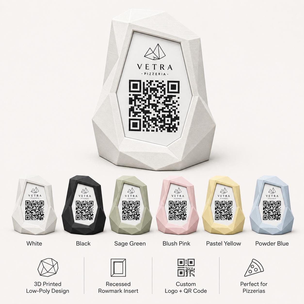 Portamenu QR Code Design Low-Poly | Supporto da Tavolo giallo Stampa 3D e Targhetta Incisa | Segnatavolo Personalizzato Hotel Pizzeria