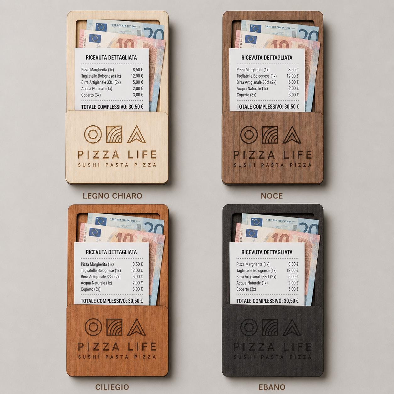 Portasoldi in legno noce con incisione logo ristorante personalizzato, segnatavolo inciso laser per menu digitale ristorante bar hotel
