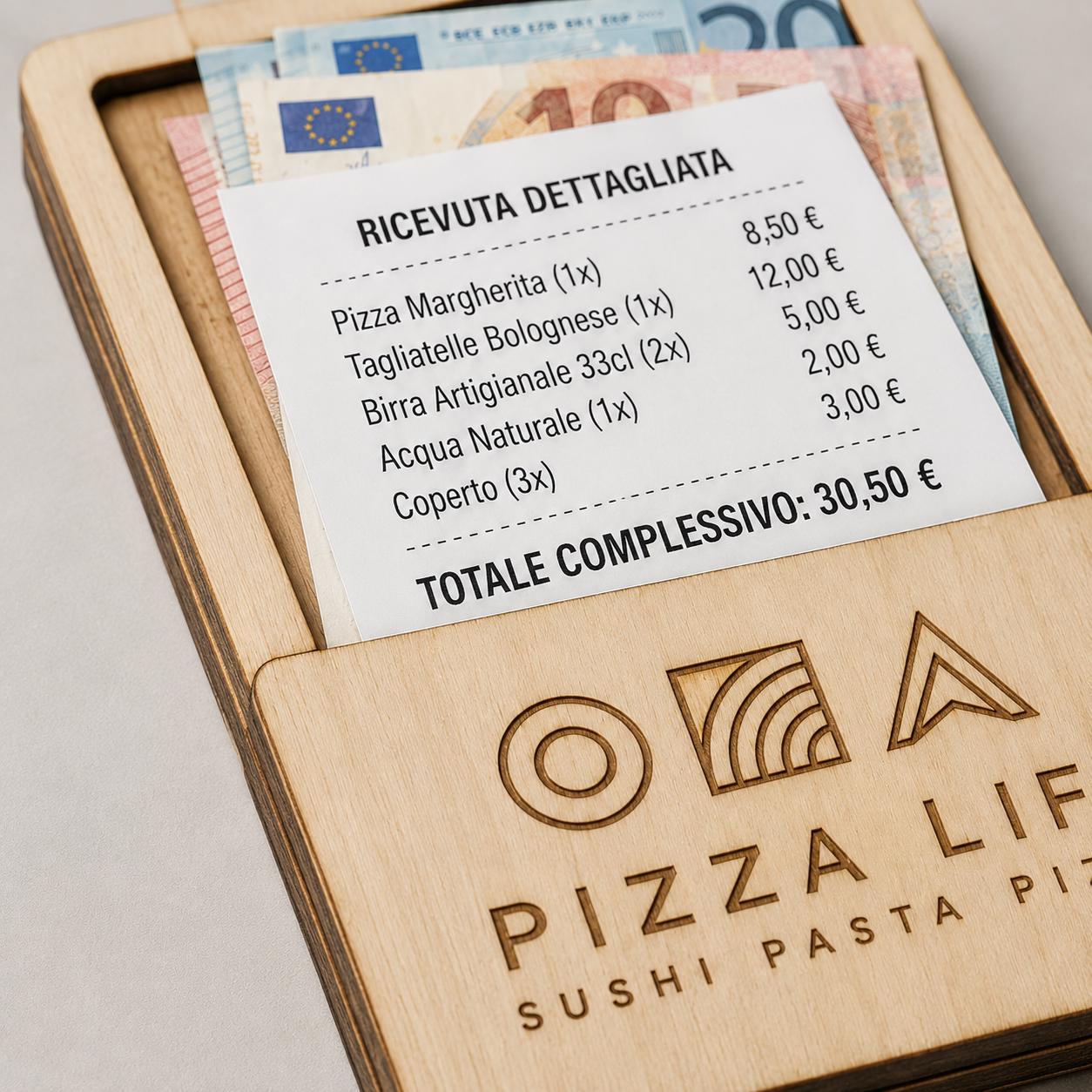 Portaconto in legno color chiaro con logo ristorante personalizzato, portaricevuta inciso laser per menu digitale ristorante bar hotel