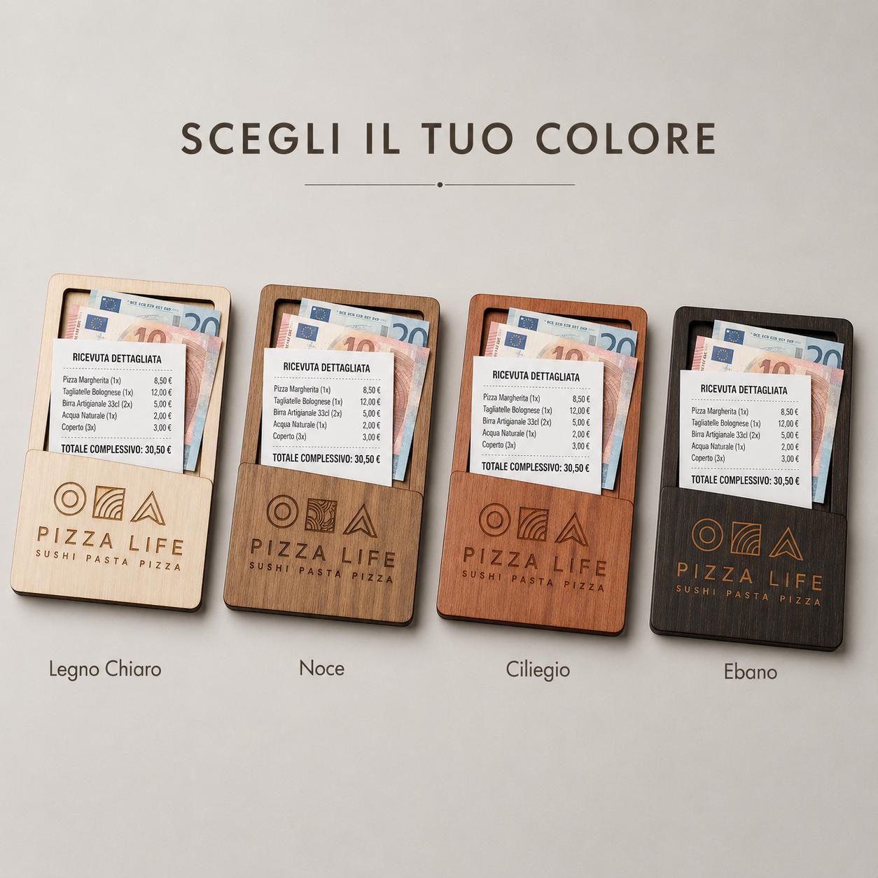 Portaricevuta in legno mogano con incisione logo ristorante personalizzato, segnatavolo inciso laser per menu digitale ristorante bar hotel