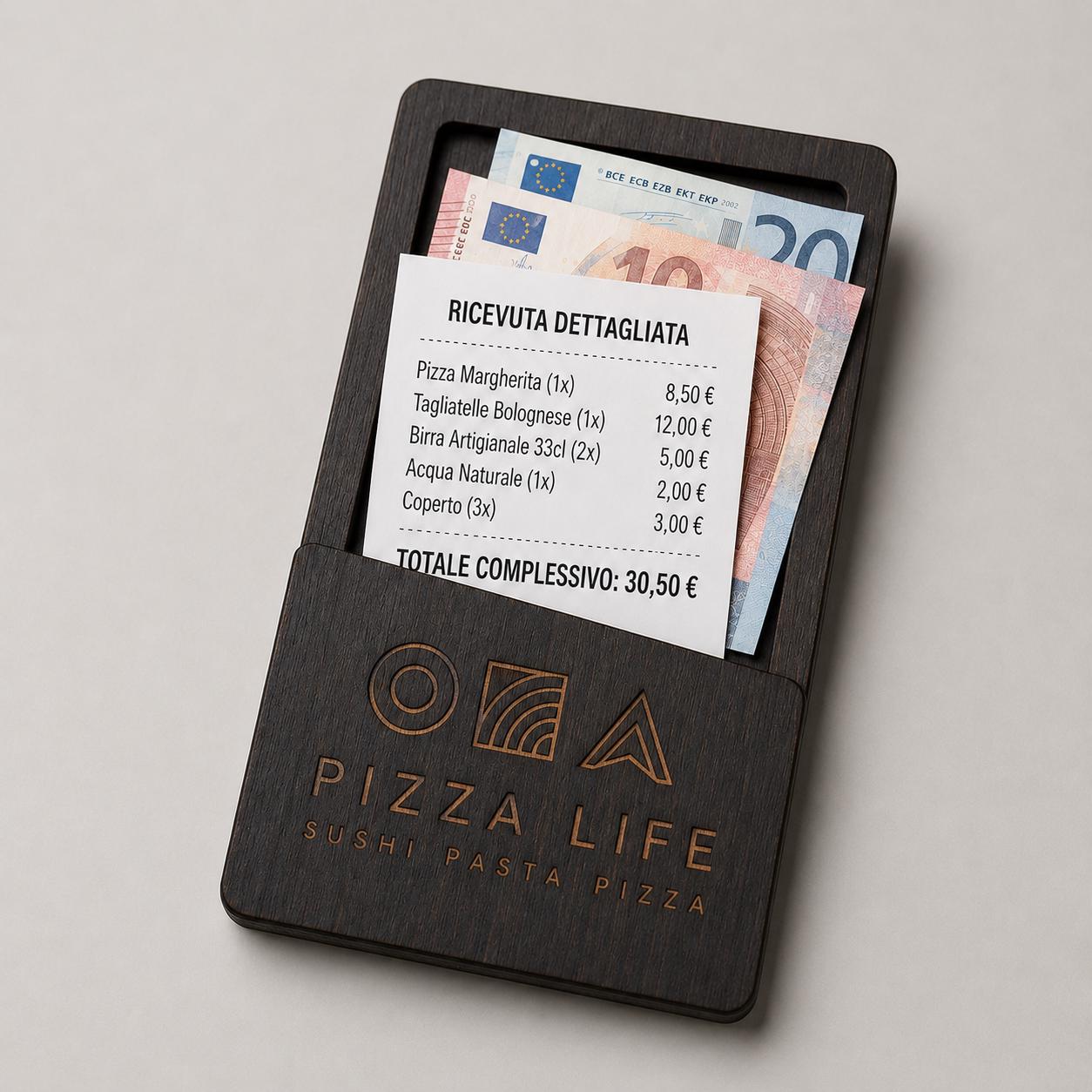 Portaconto in legno ebano con incisione logo ristorante personalizzato, segnatavolo inciso laser per menu digitale ristorante bar hotel