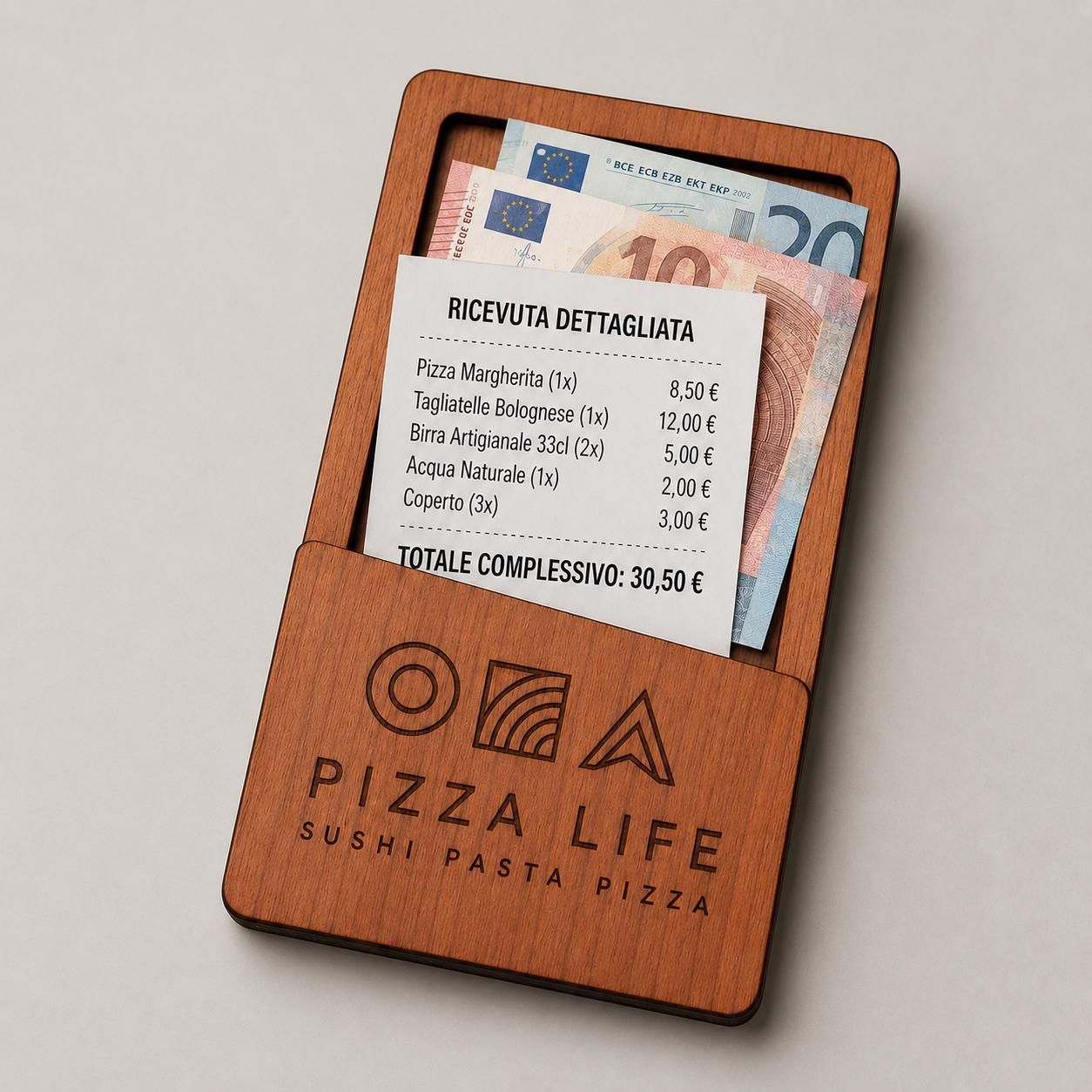 Portasoldi in legno noce con incisione logo ristorante personalizzato, segnatavolo inciso laser per menu digitale ristorante bar hotel