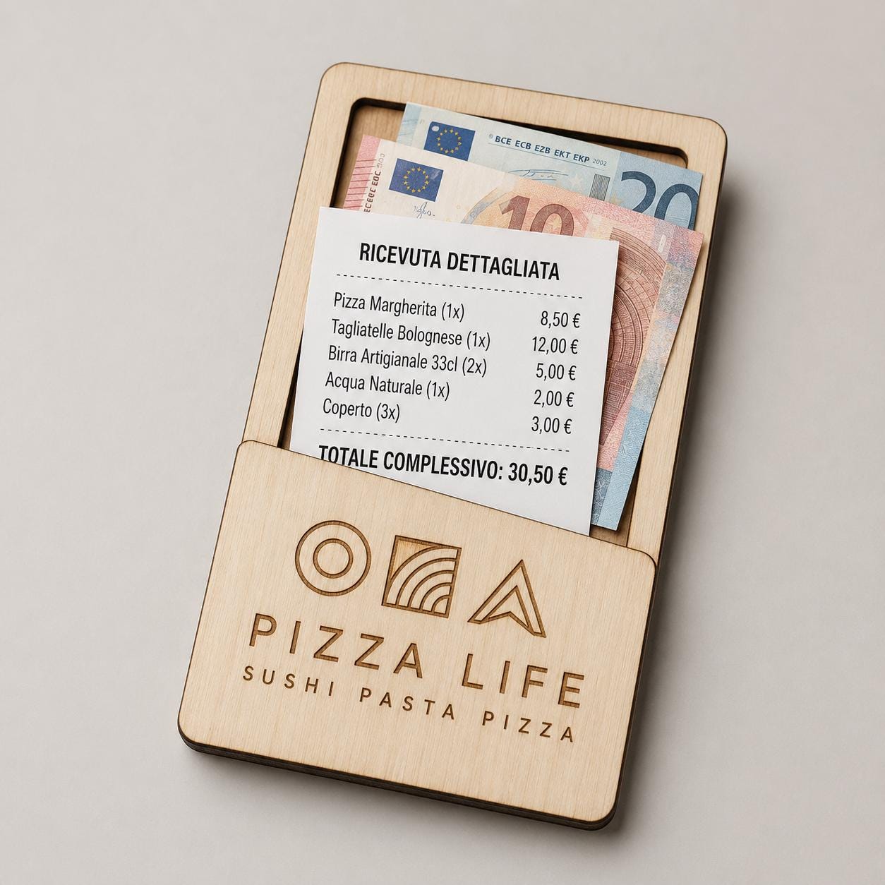 Portaconto in legno ebano con incisione logo ristorante personalizzato, segnatavolo inciso laser per menu digitale ristorante bar hotel